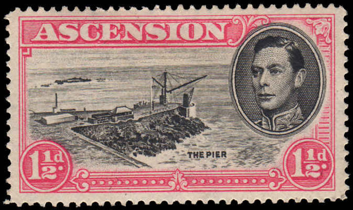 Ascension 1938-53 1½d black & rose-carmine perf 14 with Davit flaw mounted mint with hinge remainders.