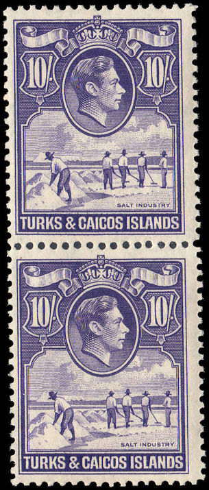 Turks & Caicos Islands 1938-45 10/- bright violet fine unmounted mint pair.