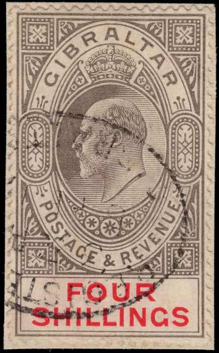 Gibraltar 1906-11 4s black and carmine fine used tied to small piece.