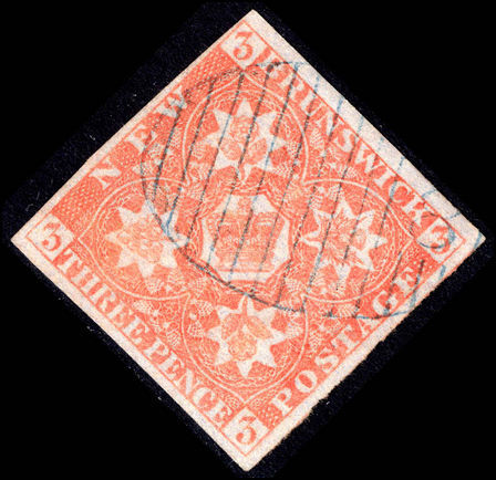 New Brunswick 1851-60 2d dull red, 4 clear margins, very fine used.