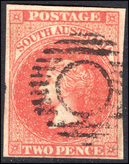 South Australia 1856-58 2d red four margins fine used.