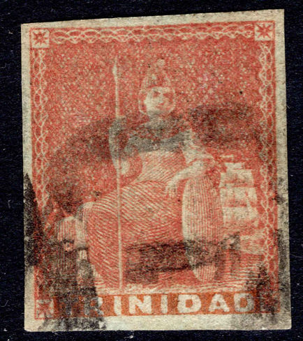 Trinidad 1851-54 (1d) brick-red on blued paper 4 margins fine used.