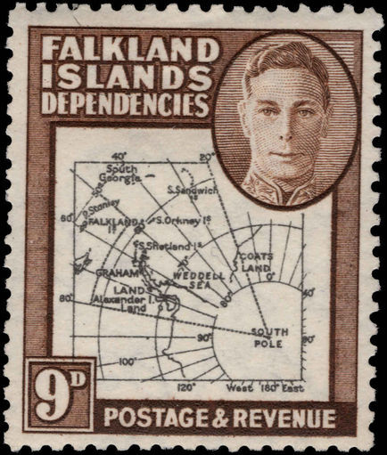 Falkland Island Dependencies 1948 Thick Map 9d gap in 80th Parallel lightly mounted mint.