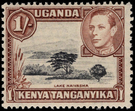 Kenya Uganda & Tanganyika 1938-54 1s black and brown perf 13x11¾ lightly mounted mint.