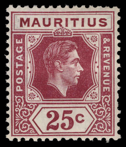 Mauritius 1938-49 25c brown-purple chalky paper lightly mounted mint.