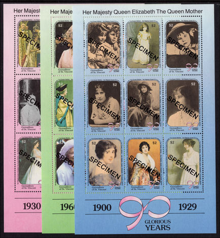 St Vincent Grenadines 1990 Queen Mother 90 Glorious Years sheetlets SPECIMEN set unmounted mint.