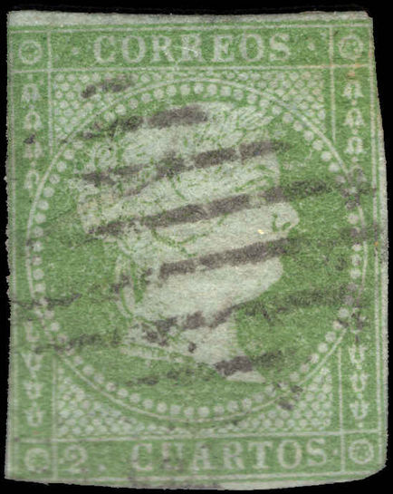 Spain 1855 2c green close margins fine used.