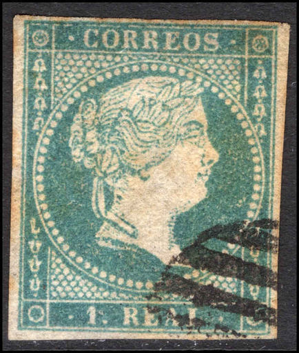 Spain 1856 1r greenish blue watermark fine used.