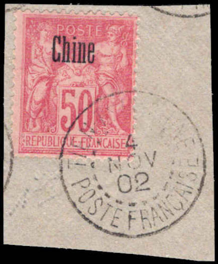 French PO's in China 1894-1903 50c carmine N under B fine used on piece.