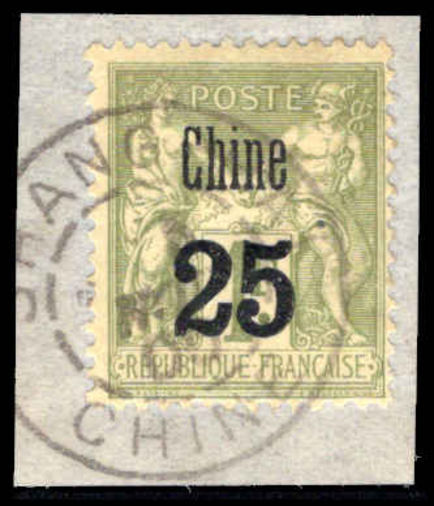 French PO's in China 1900 25c Shanghai provisional fine used on piece.