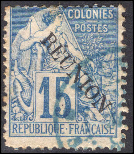 Reunion 1891 15c blue on pale-blue with accent fine used.
