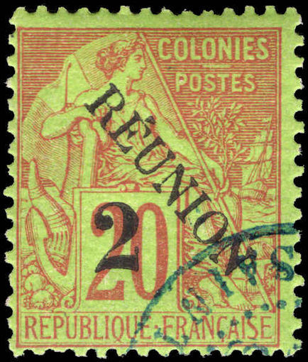 Reunion 1891 (Dec) 2c on 20c red/green fine used.