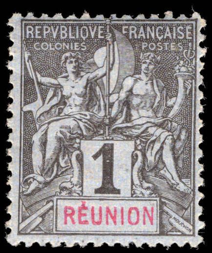 Reunion 1892 1c black on azure lightly mounted mint.