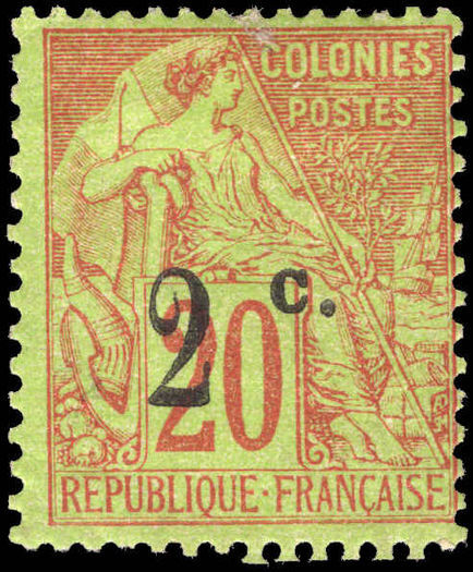 Reunion 1894 2c on 20c red/green mounted mint.