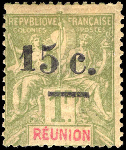 Reunion 1901 15c on 1f smaller figure mounted mint.