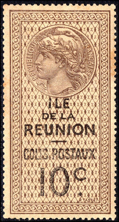 Reunion 1907-23 10c brown and black parcel post mounted mint.