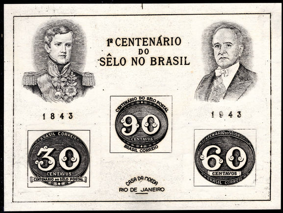 Brazil 1943 Stamp Centenary souvenir sheet mounted mint (no gum as issued).