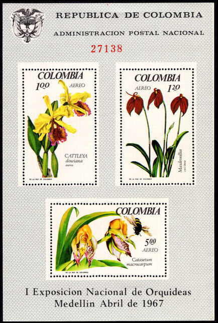 Colombia 1967 National Orchid Congress and Tropical Flora and Fauna Exhibition souvenir sheet unmounted mint.
