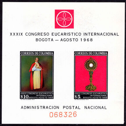 Colombia 1968 Eucharist Congress souvenir sheet unmounted mint.