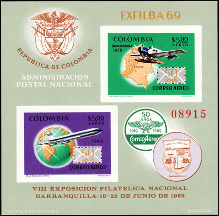 Colombia 1969 First Colombian Airmail Flight souvenir sheet unmounted mint.