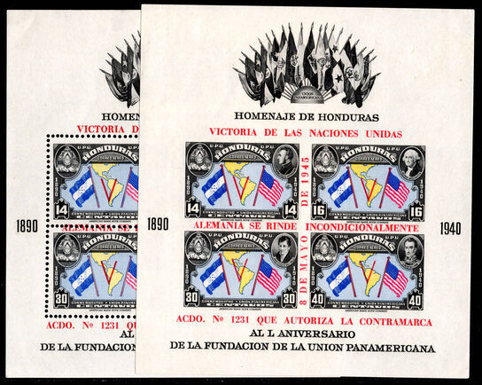 Honduras 1945 Victory perf and imperf souvenir sheets lightly mounted mint.