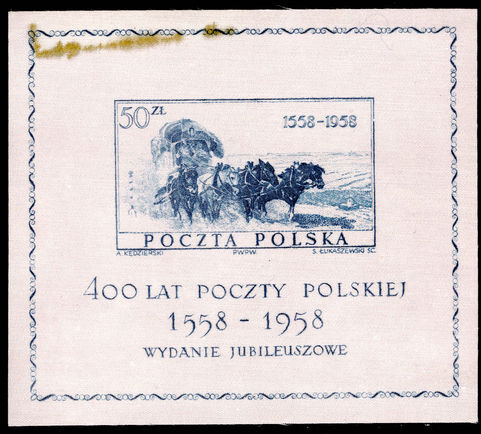 Poland 1958 Polish Postal Services souvenir sheet (grease stain in margin) unmounted mint.
