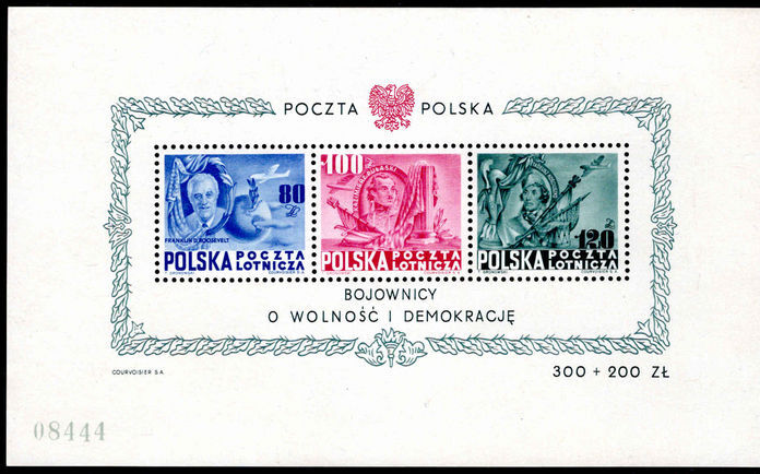Poland 1948 Honouring Roosevelt Pulaski & Kosciuszko souvenir sheet unmounted mint two tiny gum skips.