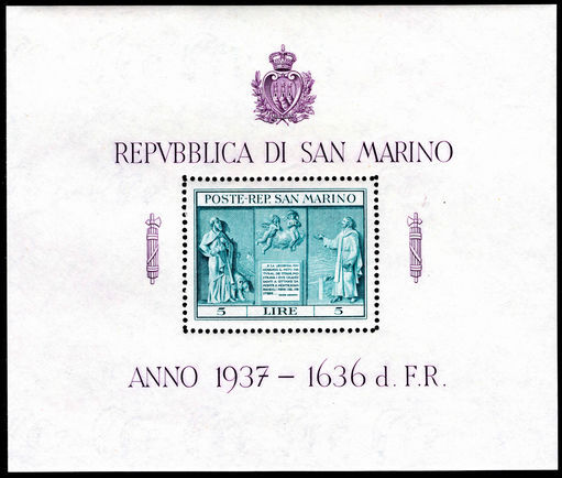 San Marino 1937 Independence Monument souvenir sheet mounted mint.