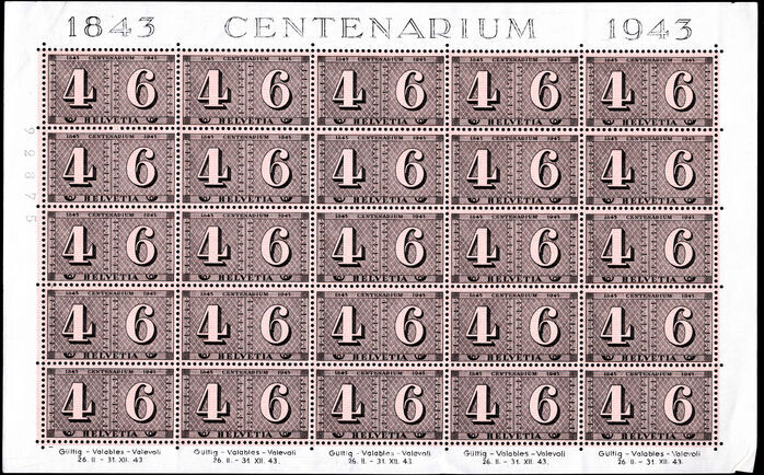 Switzerland 1943 Stamp Centenary sheetlet (faults in margin) unmounted mint.