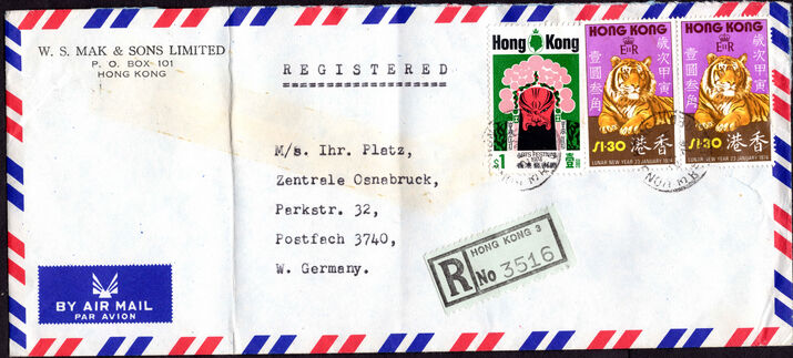 Hong Kong 1974 $1.30 Tiger pair and $1 Festival fine used commercial cover.