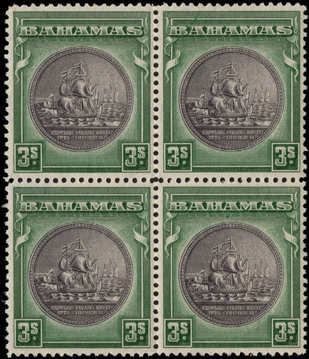 Bahamas 1931-44 3s slate-purple and myrtle-green block of 4 unmounted mint.