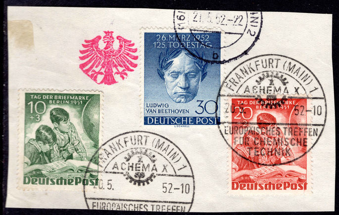 Berlin 1951 Stamp Day and 1952 Beethoven fine used on piece.