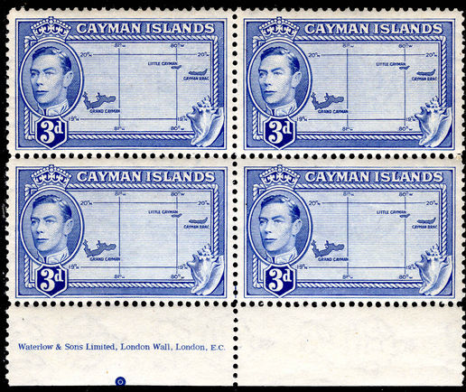 Cayman Islands 1938-48 3d blue imprint block of 4 unmounted mint.