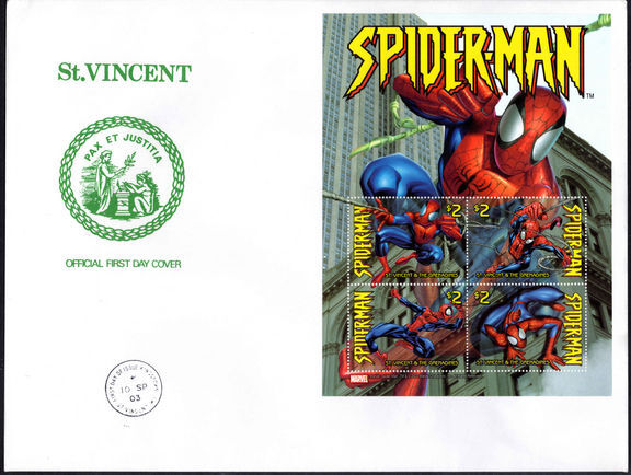 St Vincent 2003 Spider-Man souvenir sheet first day cover.