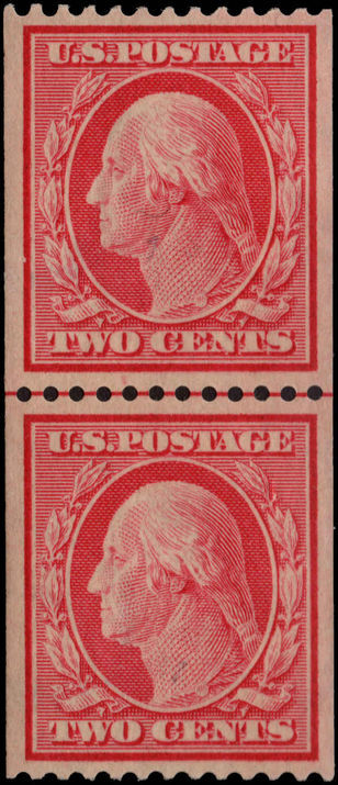 USA 1908-10 2c carmine guide-line coil pair upper stamp unmounted mint.