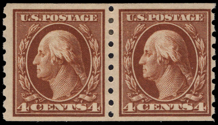 USA 1912 4c brown 3mm spacing perf 8   coil joint line pair lightly mounted mint.