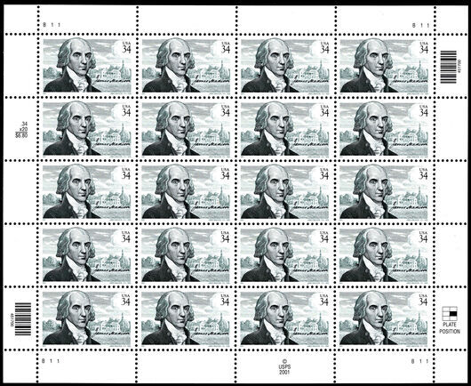 USA 2001 250th Birth Anniversary of James Madison sheetlet unmounted mint.