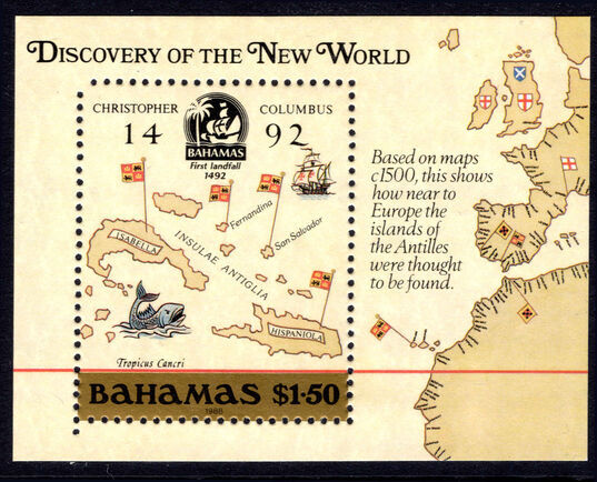 Bahamas 1988 500th Anniversary (1992) of Discovery of America by Columbus (1st issue) souvenir sheet unmounted mint.