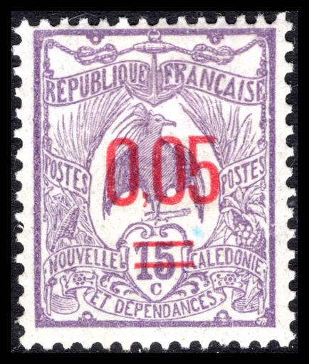 New Caledonia 1922 0.05 on 15c bright lilac fine lightly mounted mint.