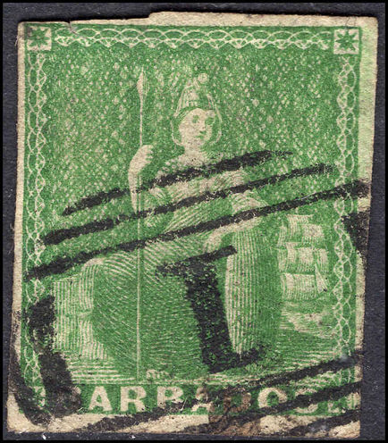 Barbados 1855-58 (½d) green no wmk 4 margins but with tiny nick on top left.