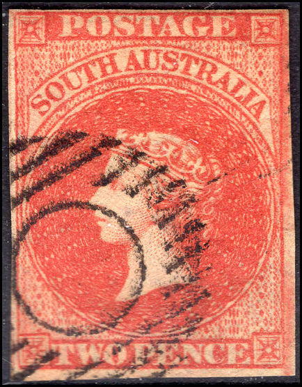 South Australia 1856-58 2d orange-red wmk 2 4 margins fine used.
