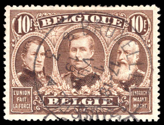 Belgium 1915-22 10f sepia fine used.