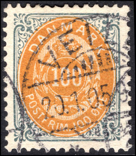 Denmark 1875-1903 100ø  yellow-orange and grey perf 12½ fine used.