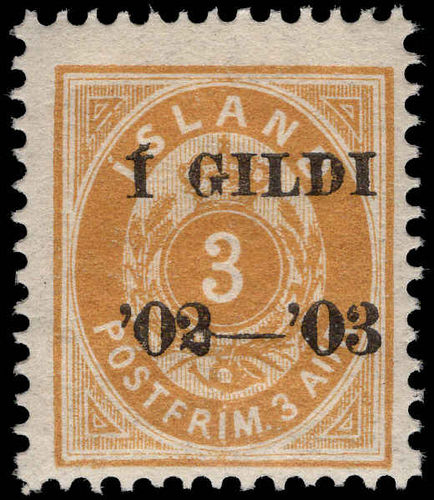 Iceland 1902-03 3a yellow perf 12½ lightly mounted mint.