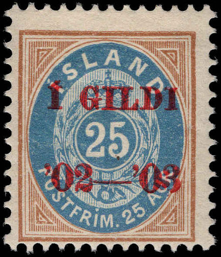 Iceland 1902-03 25a blue and yellow-brown perf 12½ INVERTED FRAME lightly mounted mint.