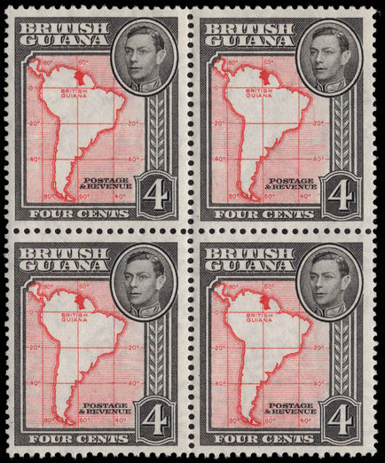 British Guiana 1938-52 4c scarlet and black perf 13x14 block of 4 unmounted mint.