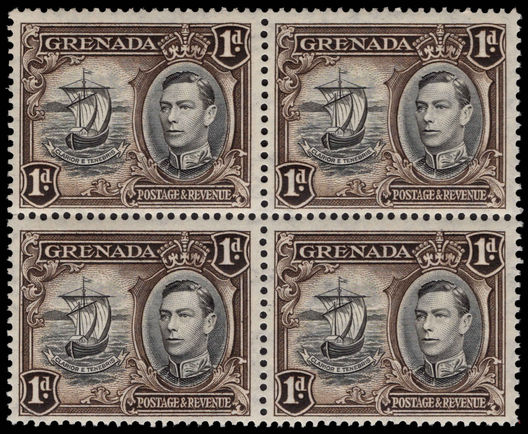 Grenada 1938-50 1d black and sepia perf 13½x12½ fine unmounted mint block of 4.