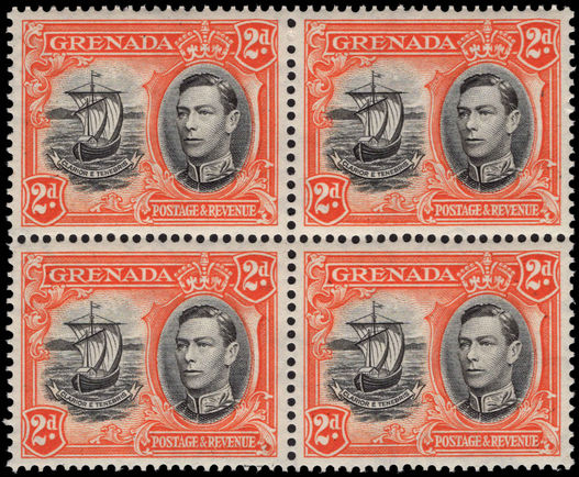 Grenada 1938-50 2d black and orange perf 13½x12½ fine unmounted mint block of 4.