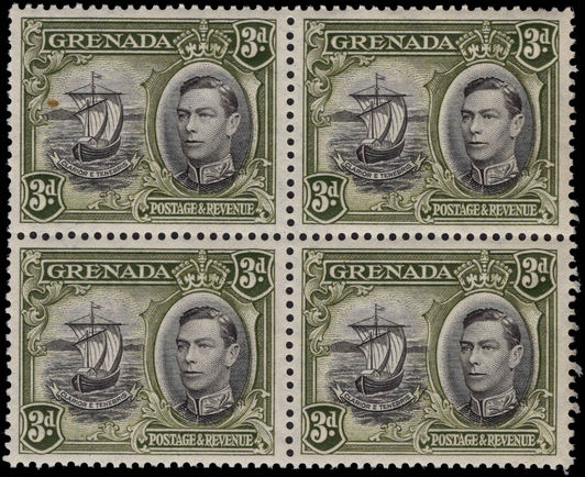 Grenada 1938-50 3d black and olive-green perf 13½x12½ fine unmounted mint block of 4.