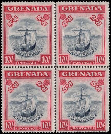 Grenada 1938-50 10s slate-blue and carmine-lake perf 14 wide frame fine unmounted mint block of 4.